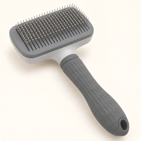 Cepillo autolimpiante rectangular gris con cerdas metálicas