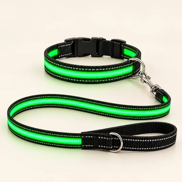 Collar y correa negros con luz LED verde y mosquetón metálico.