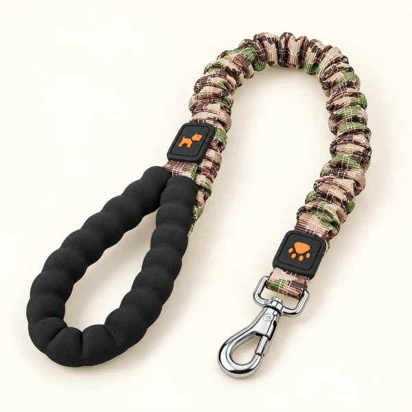 Correa elástica de camuflaje café con empuñadura negra acolchada y mosquetón metálico.