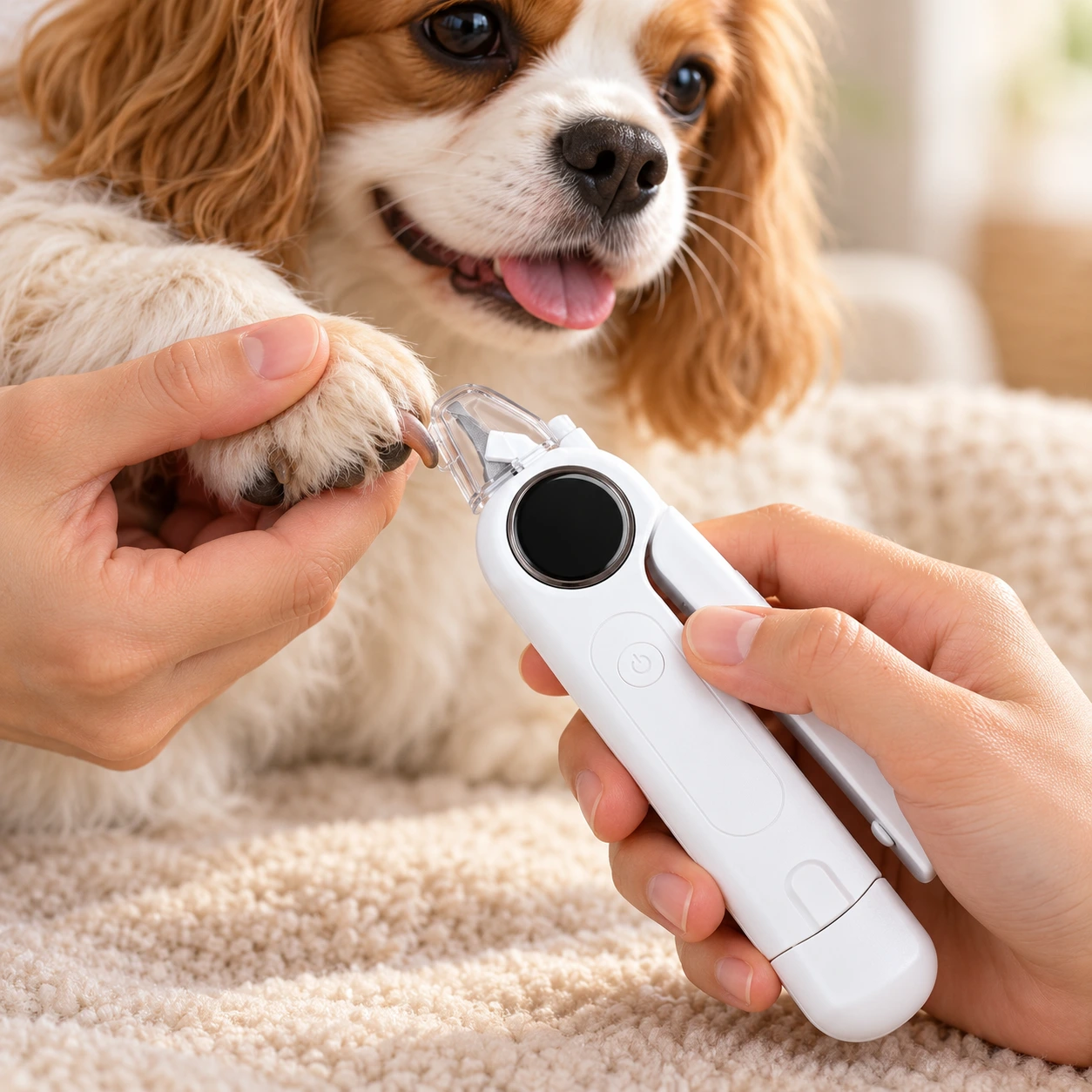 Cuidado de las uñas de un perro con cortaúñas y lima eléctrica blanco