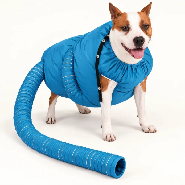 Bolsa de secado azul con manguera colocada en un perro; secador de mano no incluido