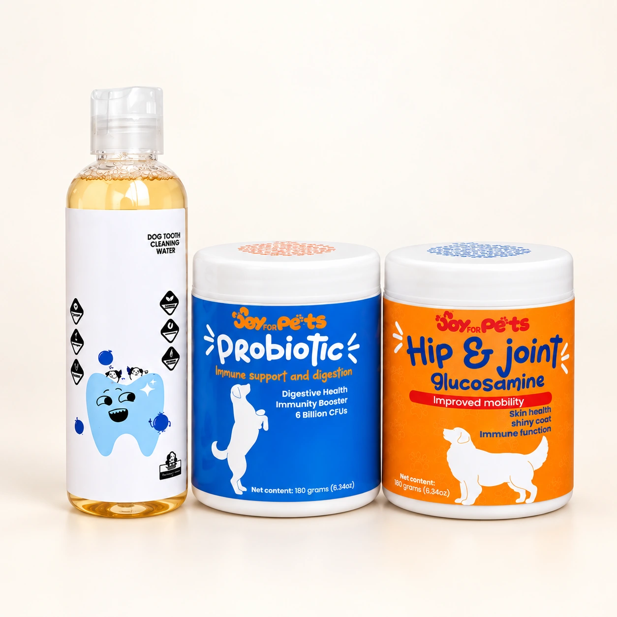 Combo de cuidado integral: solución dental, probiótico y glucosamina