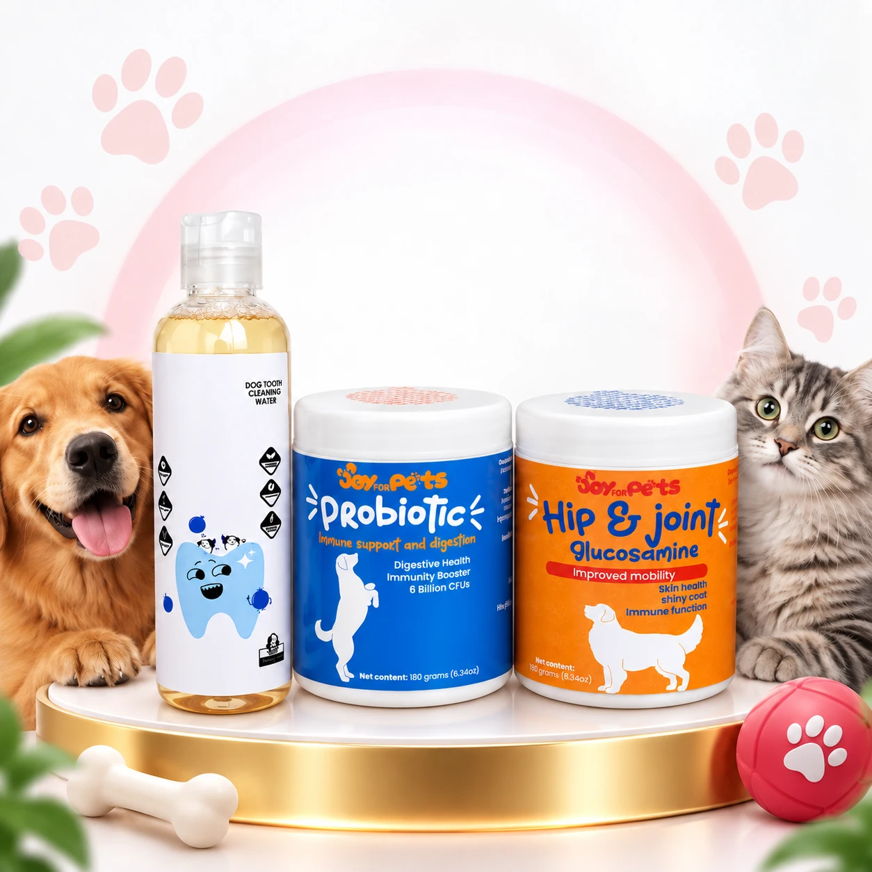 Tres productos del combo de cuidado integral para mascotas