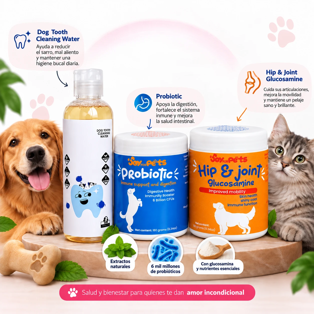 Beneficios de los tres productos del combo de cuidado integral para mascotas