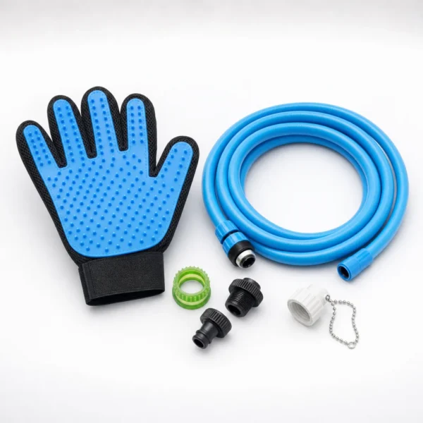 Guante de baño para mascotas con su manguera y los adaptadores para la llave