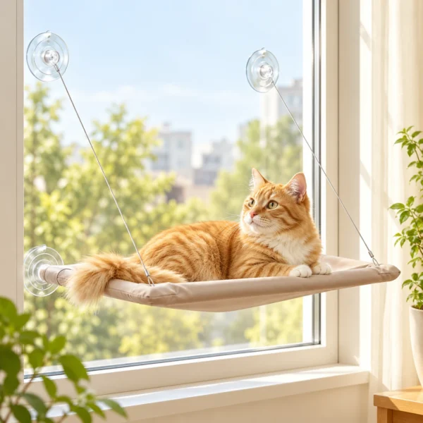 Gato naranja descansando en una hamaca beige sujeta a una ventana