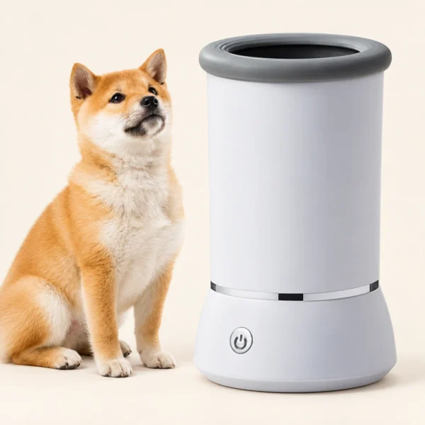 Limpiador eléctrico blanco y gris junto a un perro