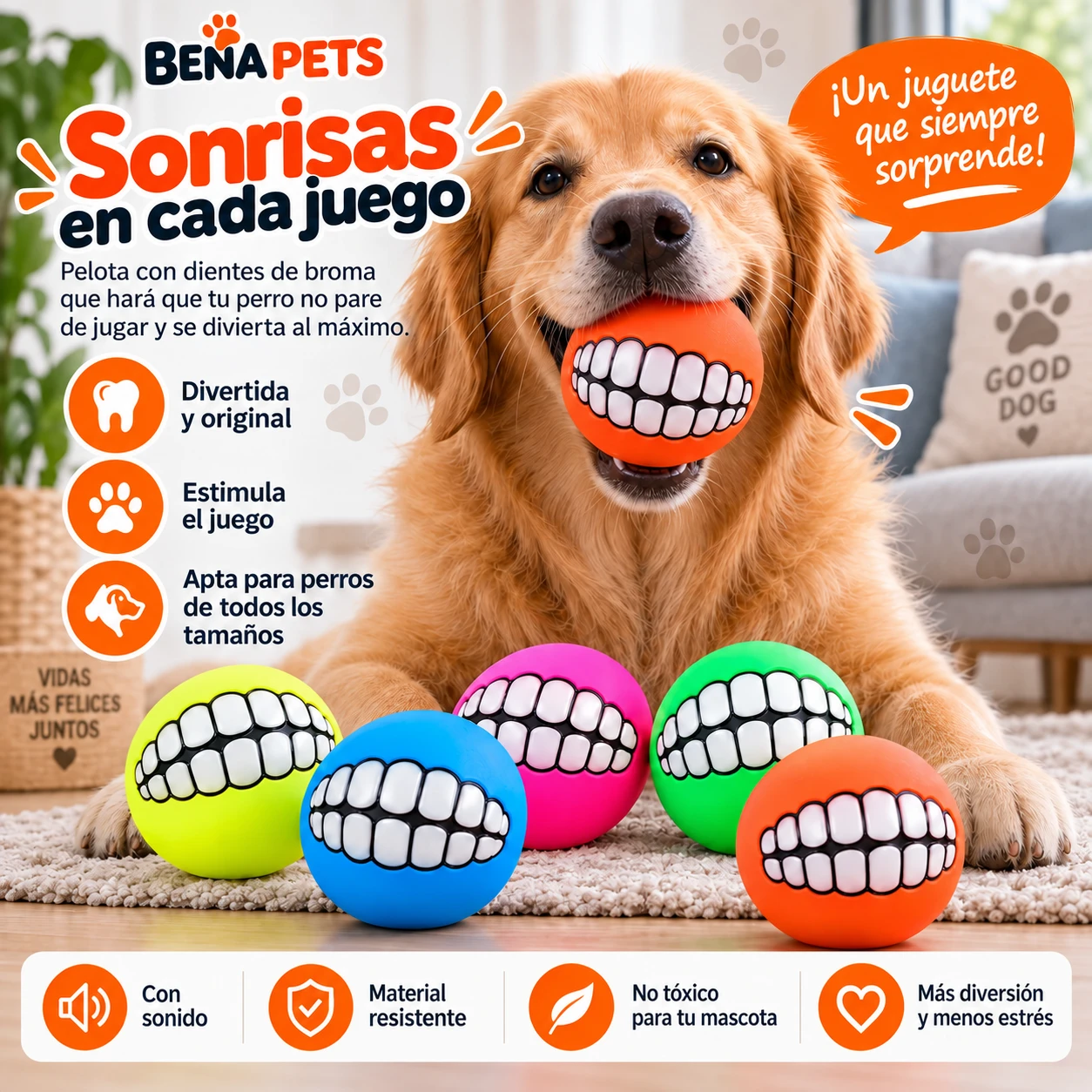 Pelota con dientes de broma para perro - Imagen 2