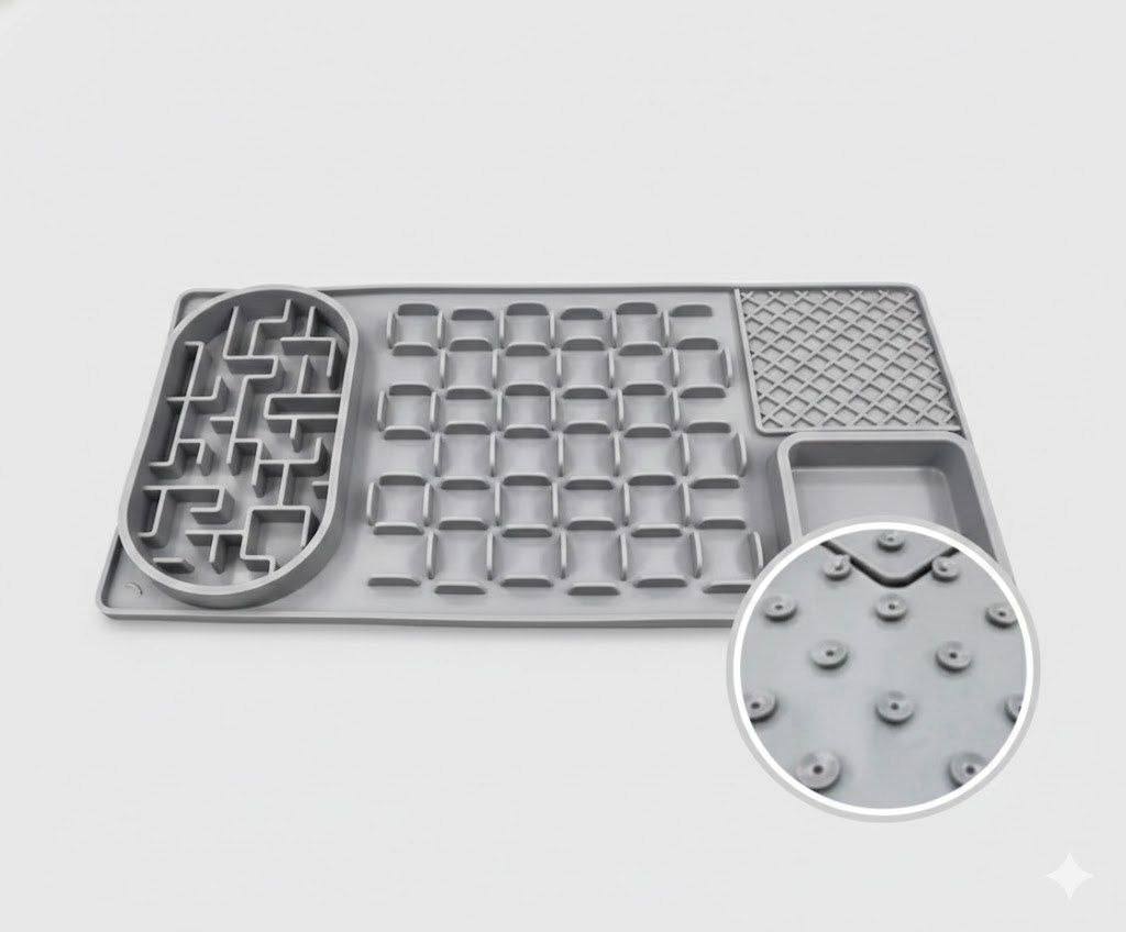 Alfombrilla gris con cuatro zonas de alimentación y detalle de las ventosas