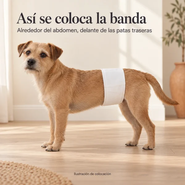 Ilustración de la colocación de la banda abdominal en un perro macho