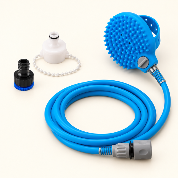 Cepillo ducha azul con manguera y dos adaptadores