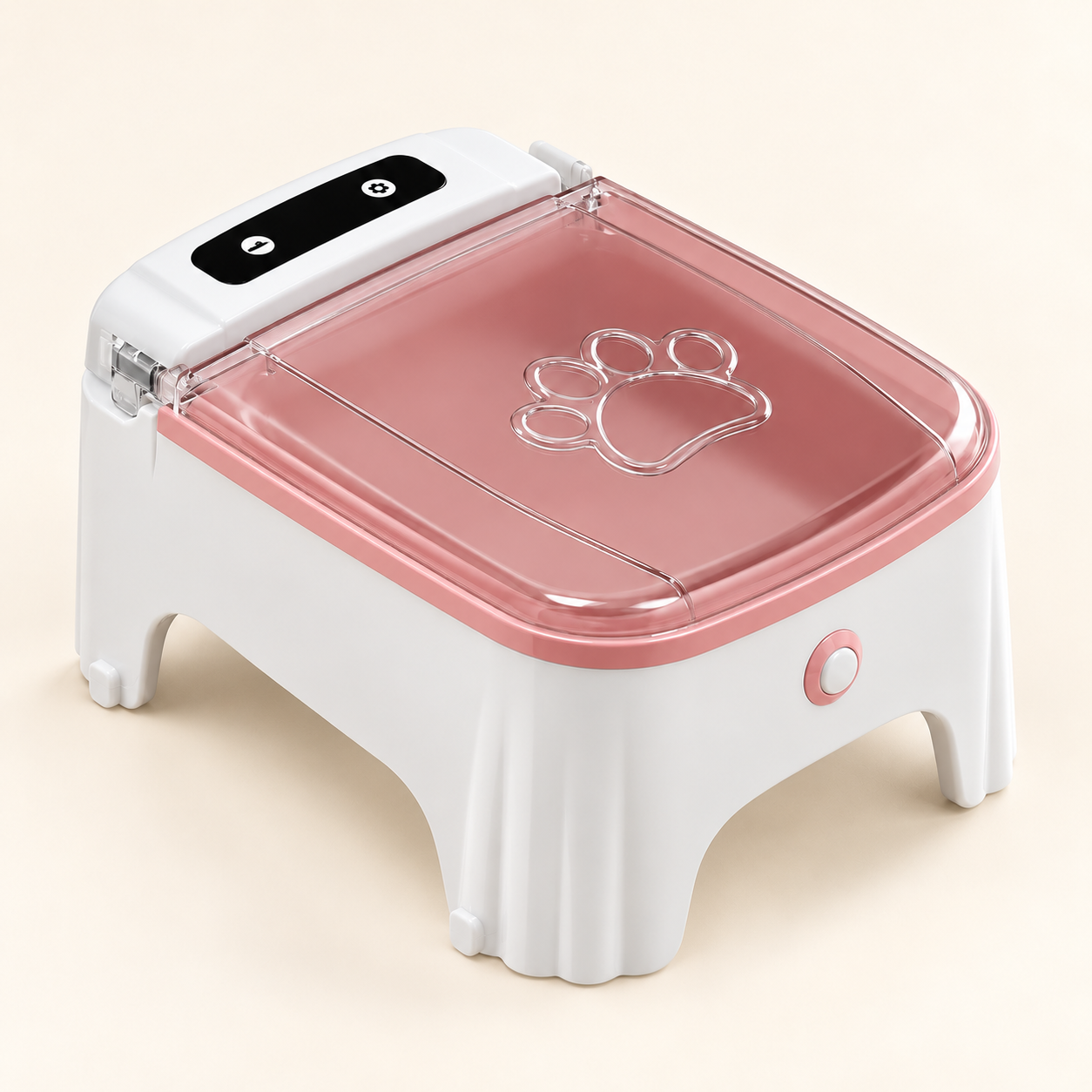 Comedero blanco con recipiente rosado y tapa transparente