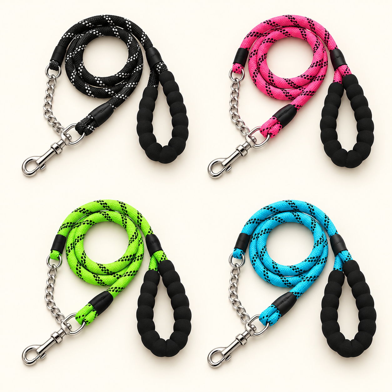 Vistas de la correa de soga con cadena en negro, rosa, verde limón y celeste