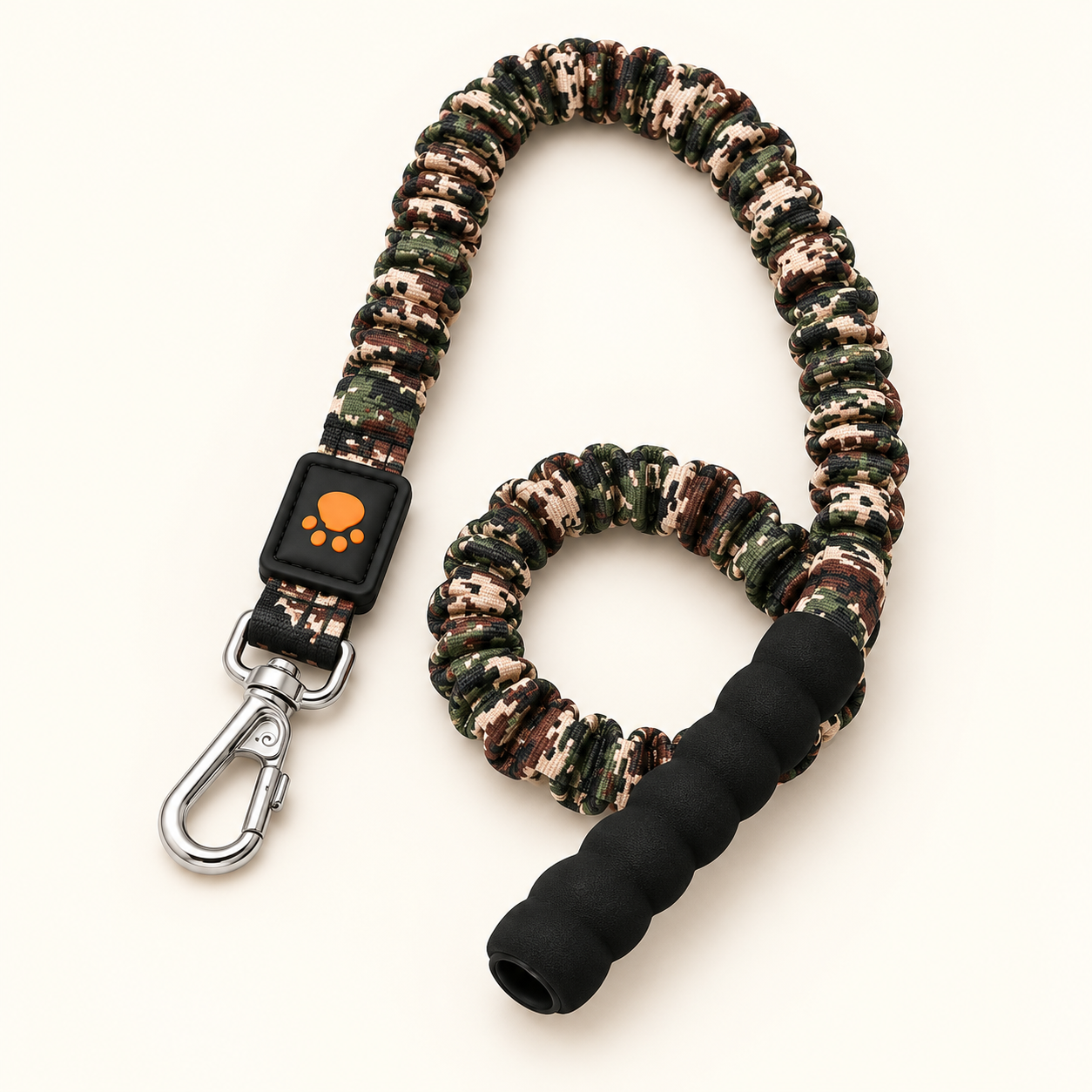 Correa elástica camuflaje militar con asa acolchada negra y mosquetón metálico