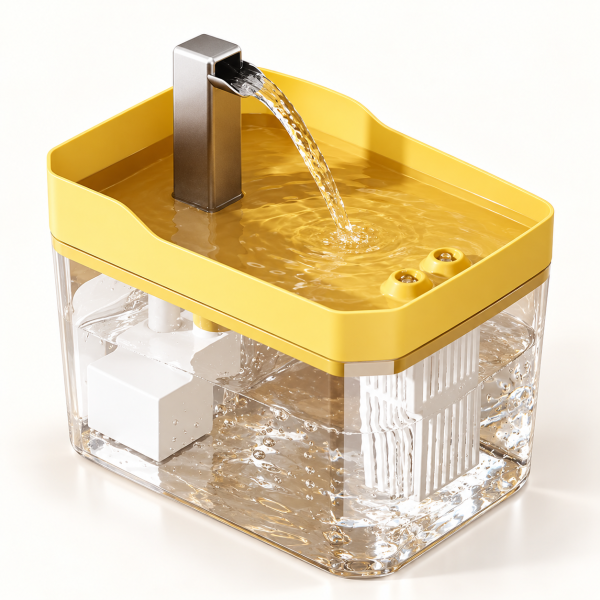 Fuente amarilla de agua con depósito transparente y grifo recto