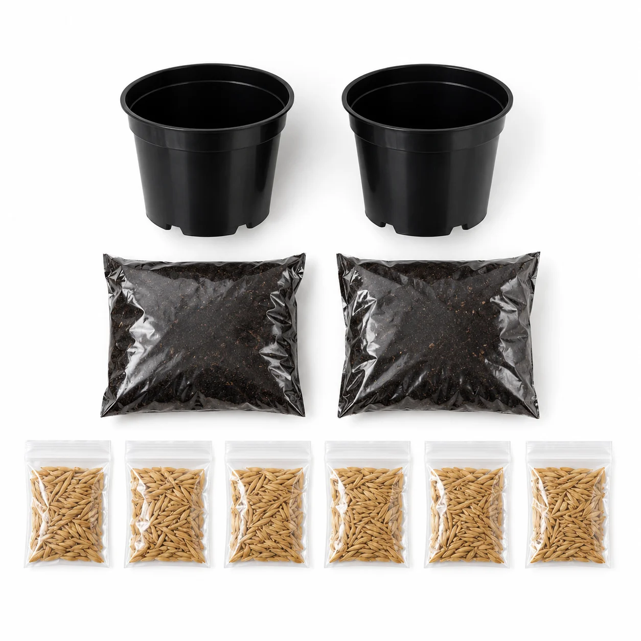 Dos macetas negras, dos bolsas de tierra y seis sobres de semillas de hierba para gatos