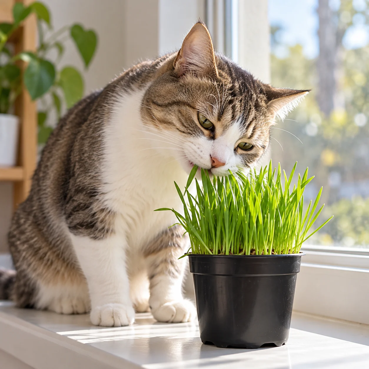 Gato junto a una maceta negra con hierba cultivada