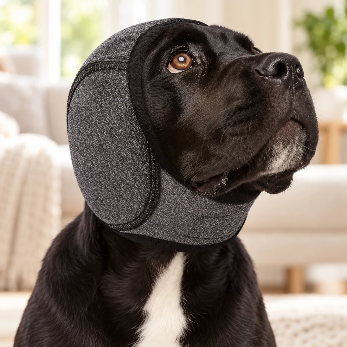 Perro negro con orejeras acolchadas gris oscuro ajustadas alrededor de la cabeza