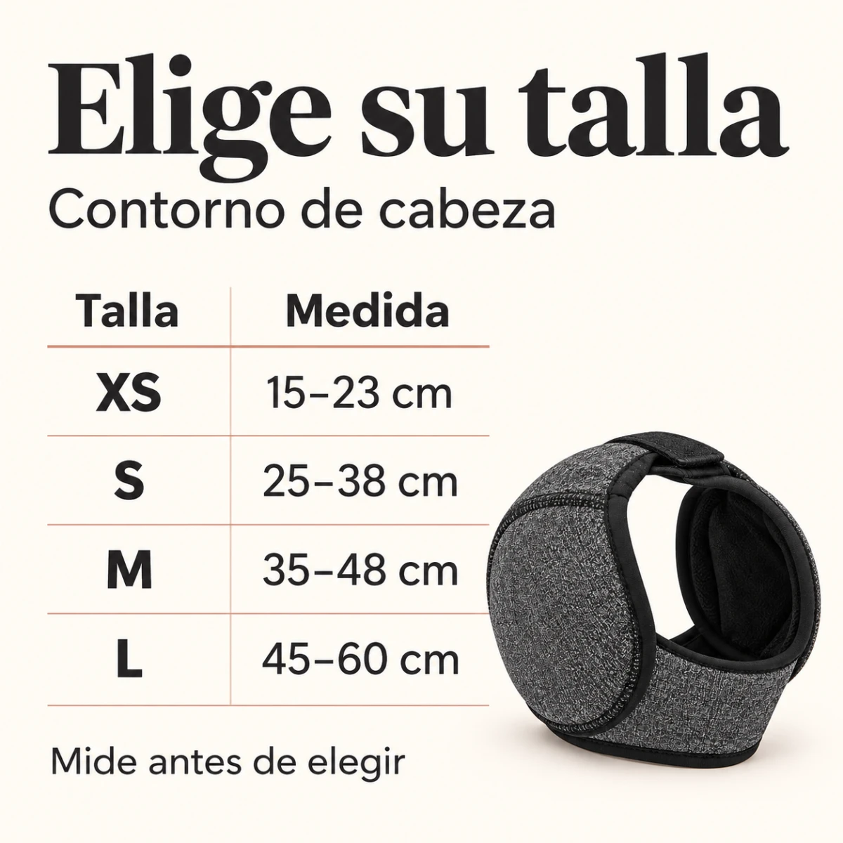 Guía de tallas por contorno de cabeza: XS 15 a 23 cm, S 25 a 38 cm, M 35 a 48 cm y L 45 a 60 cm
