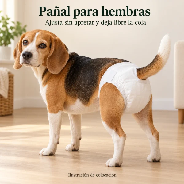 Ilustración de colocación del pañal para hembras con la cola libre