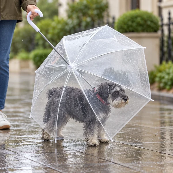 Perro pequeño bajo el paraguas transparente durante un paseo con lluvia