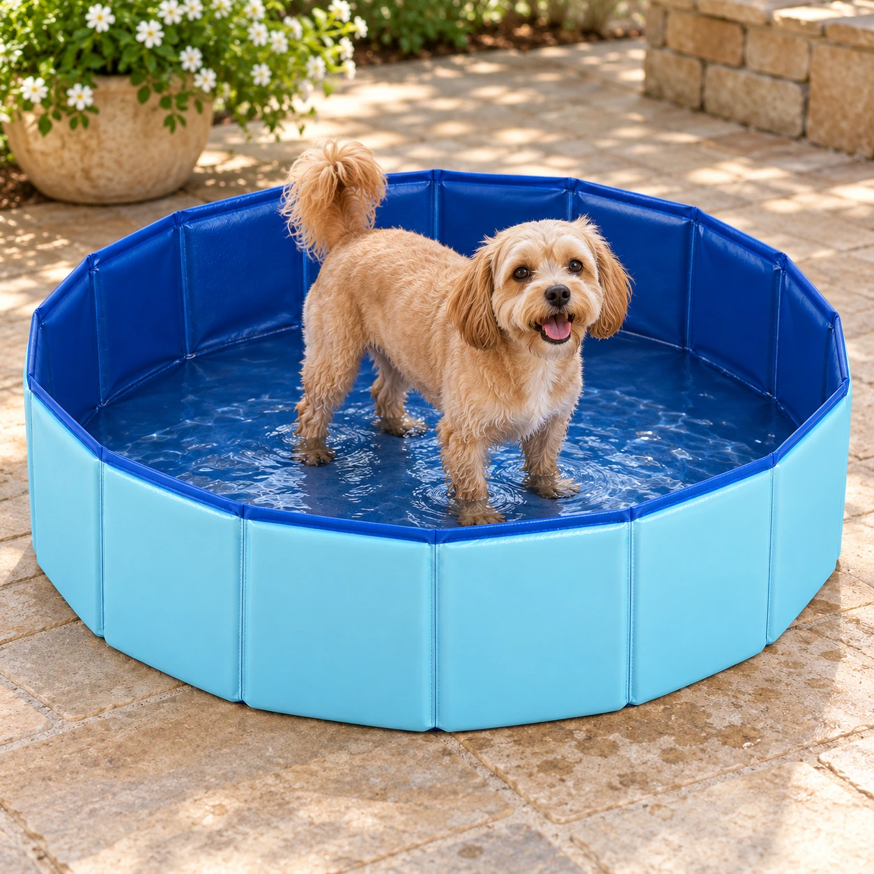 Perro pequeño de pie en la piscina plegable azul con agua poco profunda