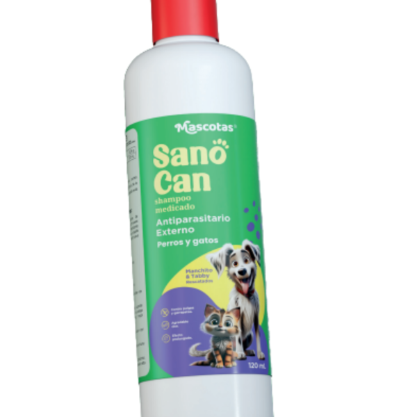 Frasco de Sano Can shampoo medicado de 120 ml para perros y gatos