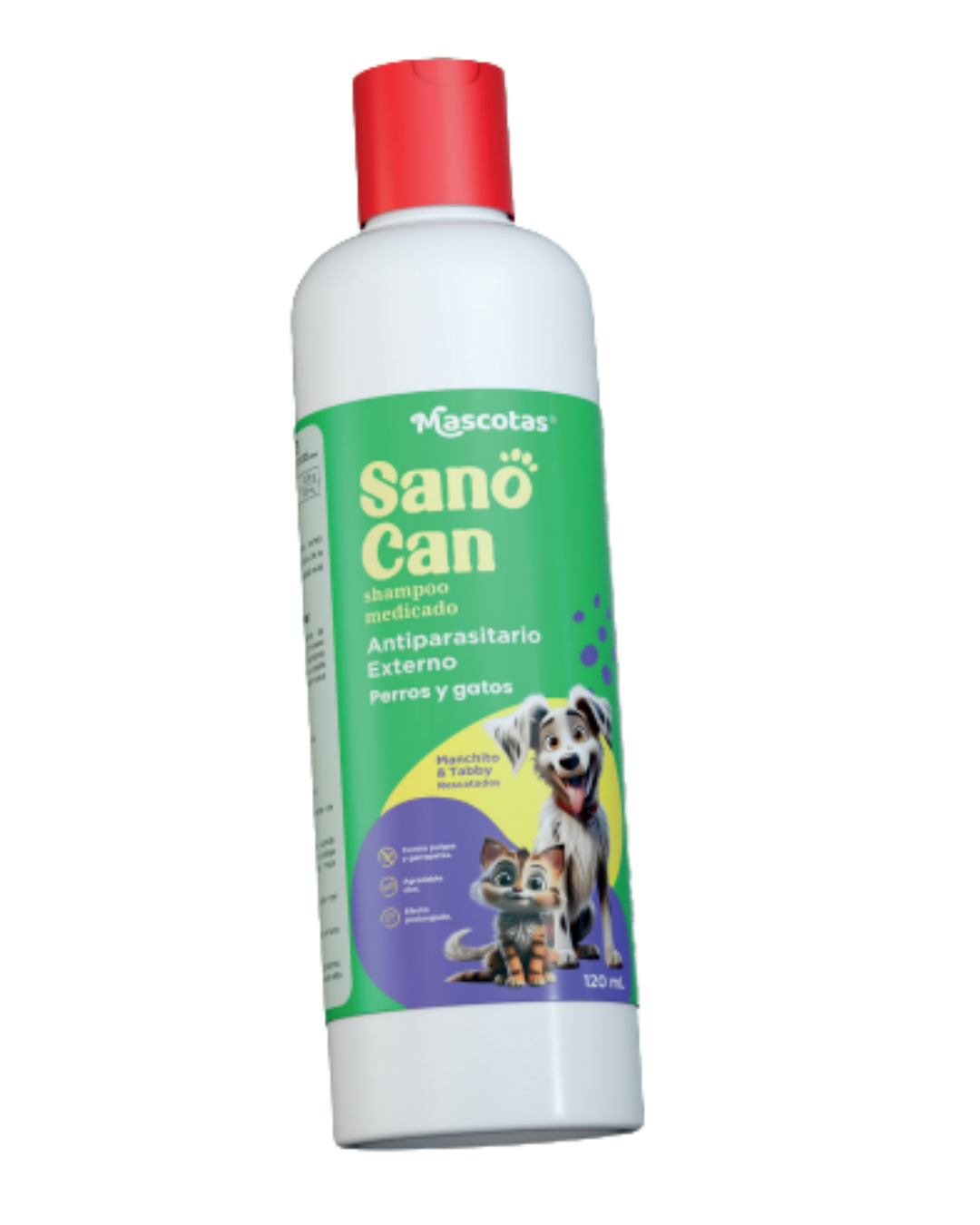 Frasco de Sano Can shampoo medicado de 120 ml para perros y gatos