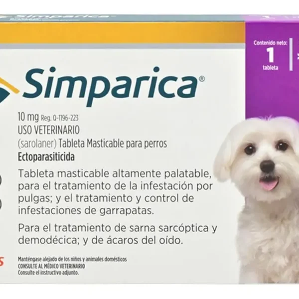 Caja de Simparica de 10 mg para perros de más de 2,5 a 5 kg con una tableta