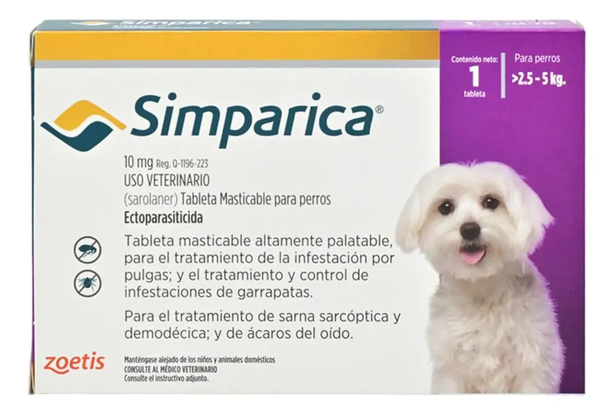 Caja de Simparica de 10 mg para perros de más de 2,5 a 5 kg con una tableta