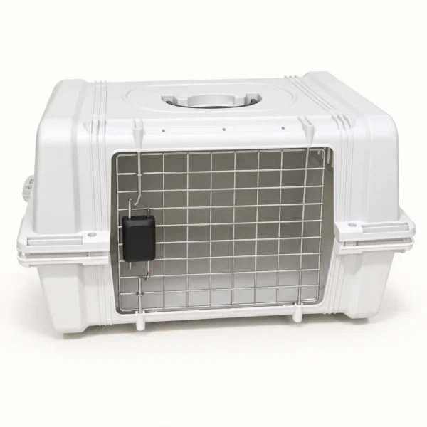 Caja transportadora rígida blanca para mascotas con puerta de rejilla metálica